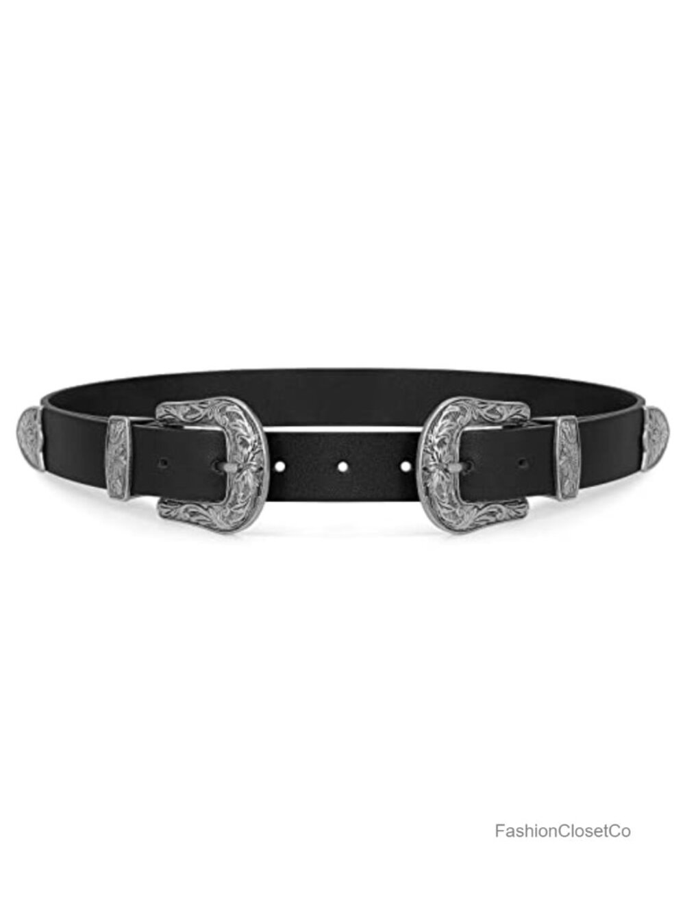 Western Leather Belt Double Buckle Floral Carving Cowgirl Waist Belt